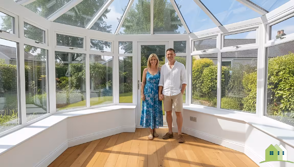 Lean-to conservatory with glazed sides and roof panels