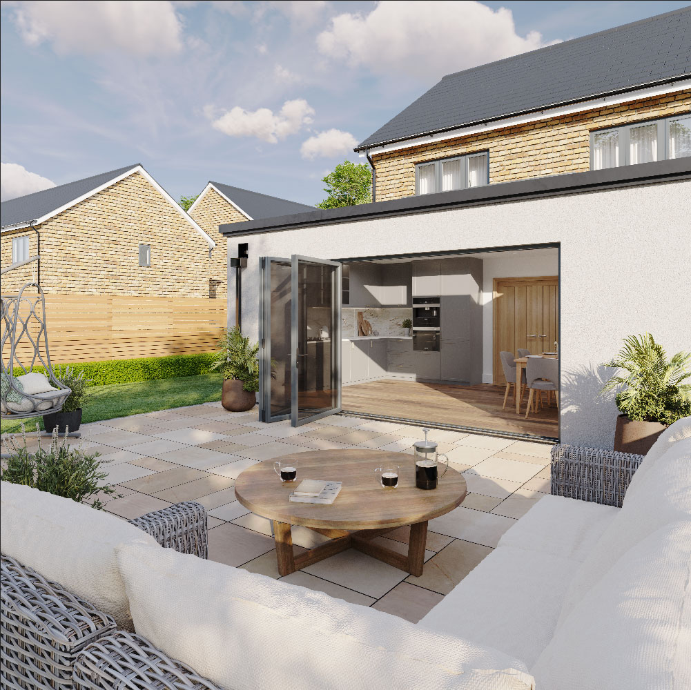 Bi-fold door set viewed from inside with a clear transition to an outdoor space