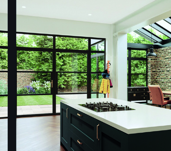 Contemporary secure entrance door installation with dark frame finish