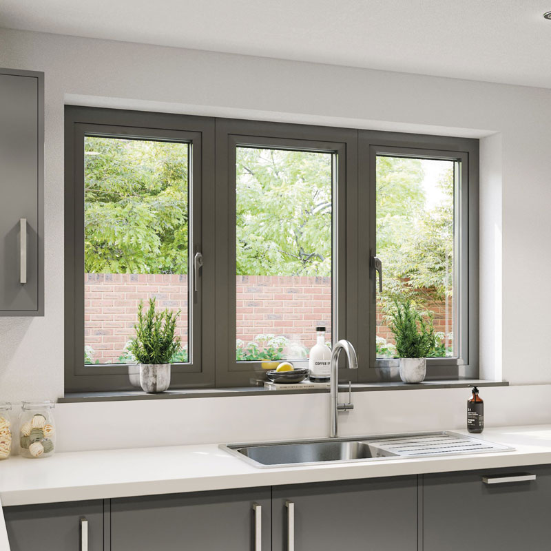 Interior view of aluminium window with slim black frame and modern handle