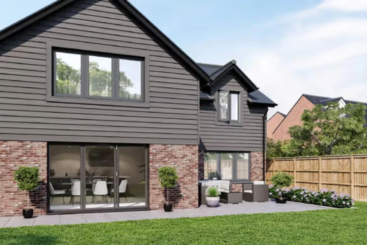 Street-facing home with coordinated dark framed replacement windows