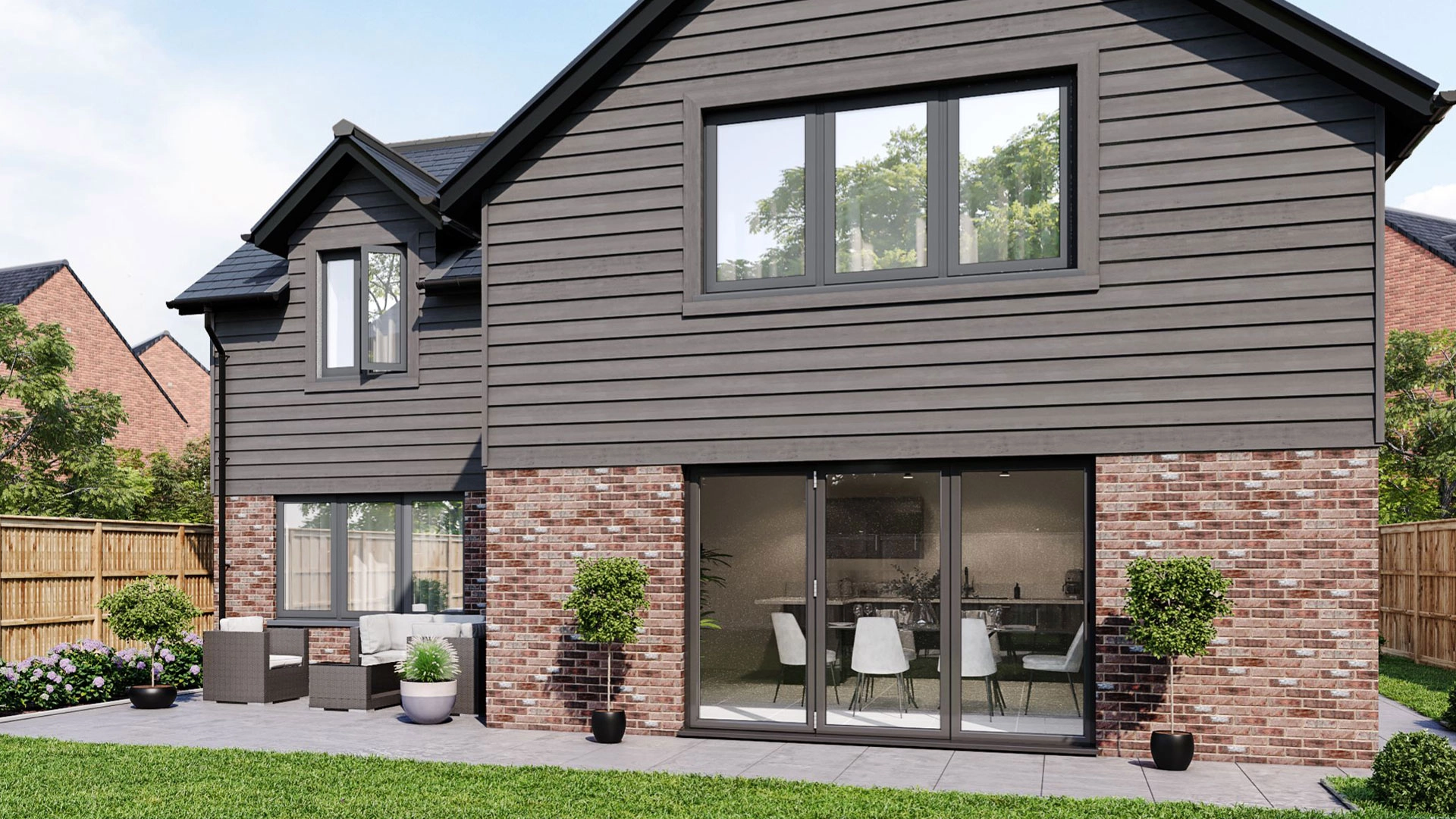 External elevation with a coordinated dual-colour door and frame scheme