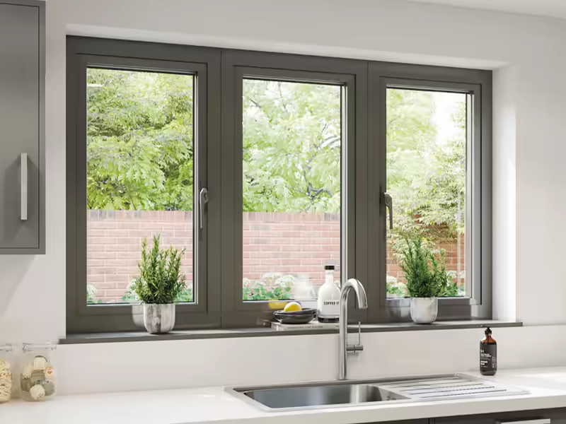 Aluminium casement windows viewed from a contemporary kitchen